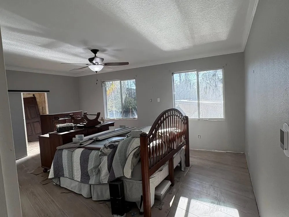 Bedroom with freshly painted gray walls